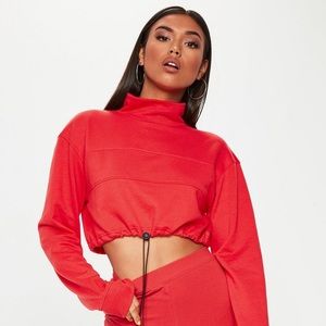 Missguided Red High Neck Drawstring Cropped Hoodie